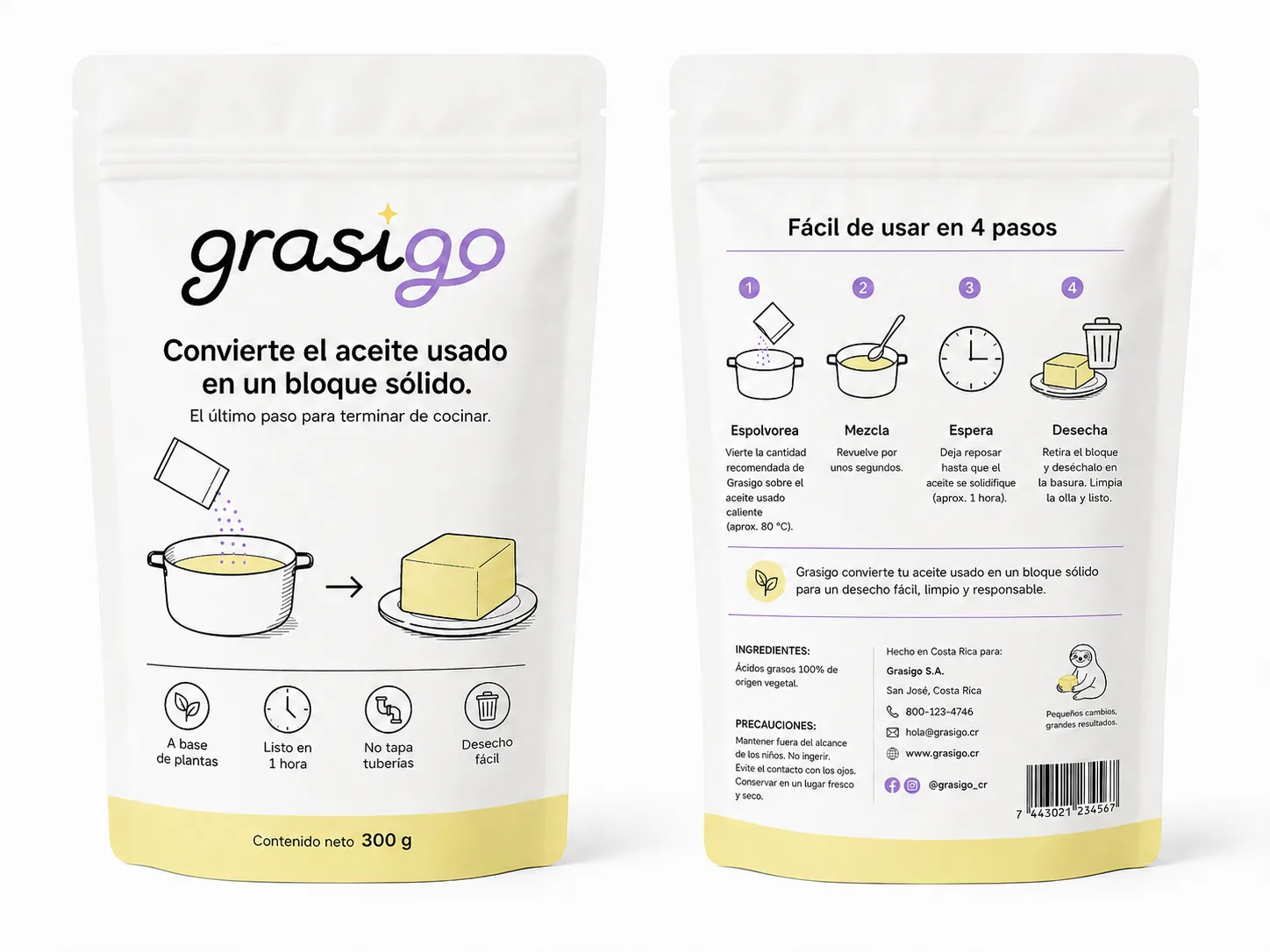 Empaque de Grasigo, polvo solidificador de aceite de cocina